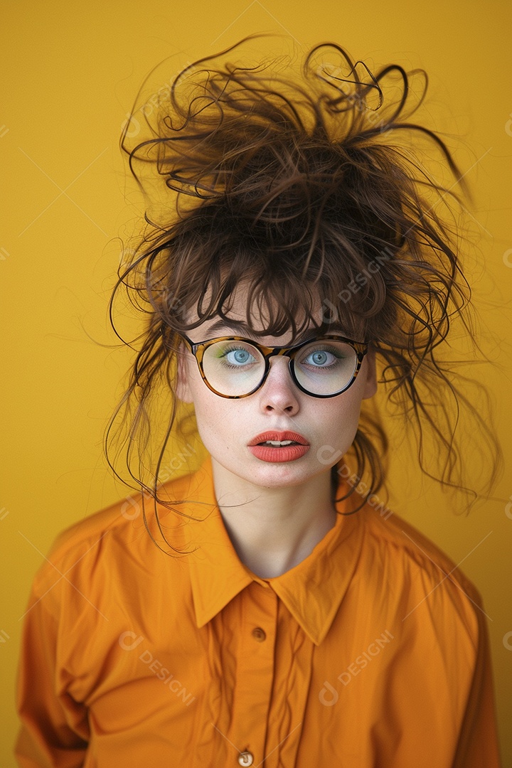 Blogueira maluca, usando óculos, olhando para a câmera, estilo ridículo e irônico