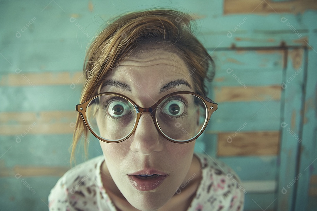 Blogueira maluca, usando óculos, olhando para a câmera, estilo ridículo e irônico