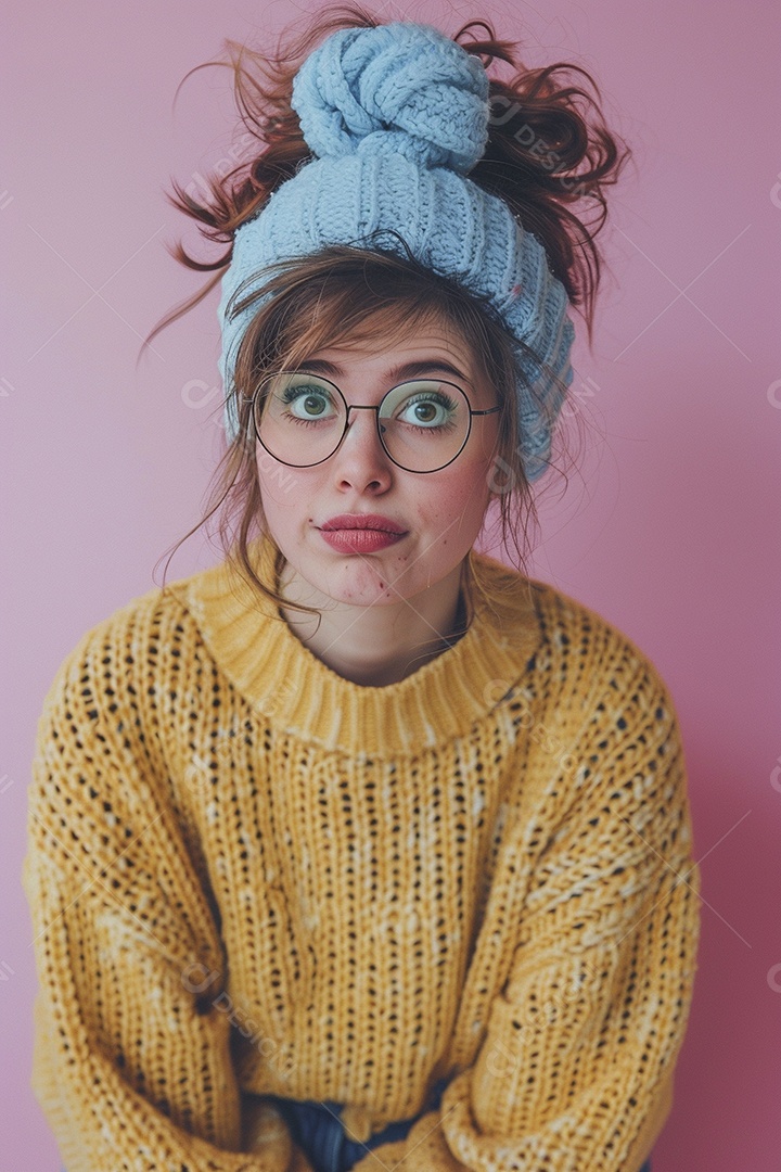 Blogueira maluca, usando óculos, olhando para a câmera, estilo ridículo e irônico