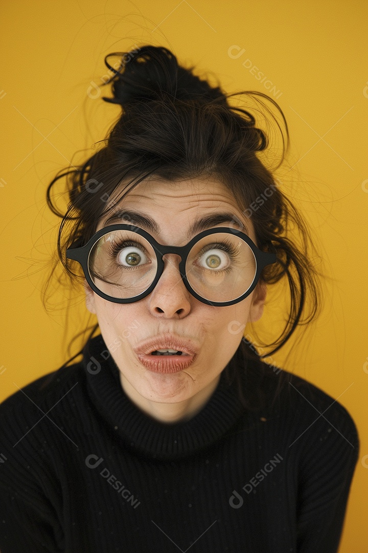 Blogueira maluca, usando óculos, olhando para a câmera, estilo ridículo e irônico