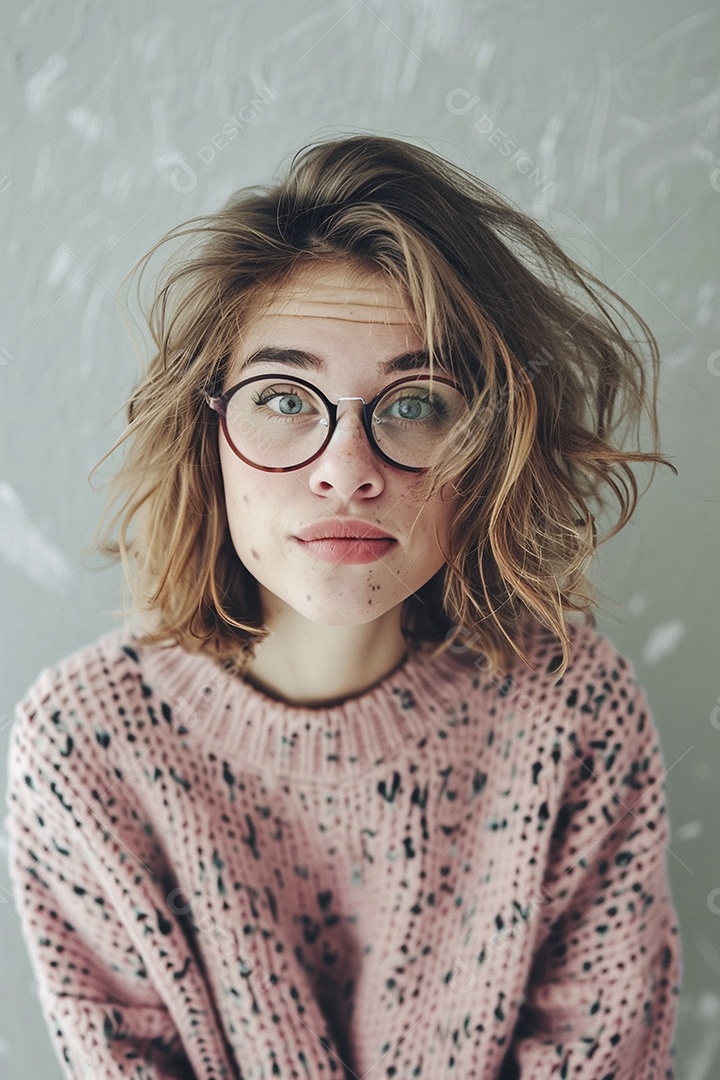 Blogueira maluca, usando óculos, olhando para a câmera, estilo ridículo e irônico