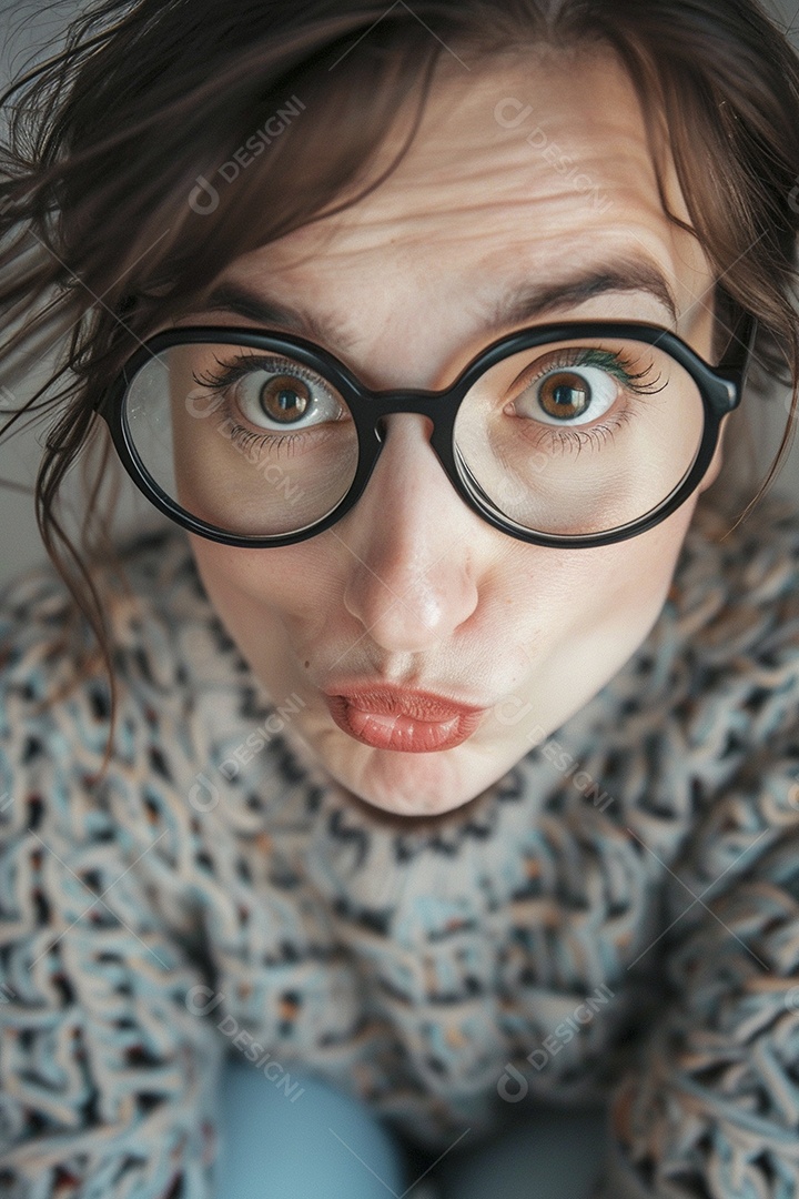 Blogueira maluca, usando óculos, olhando para a câmera, estilo ridículo e irônico