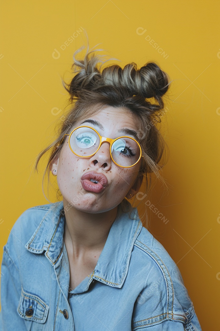 Blogueira maluca, usando óculos, olhando para a câmera, estilo ridículo e irônico