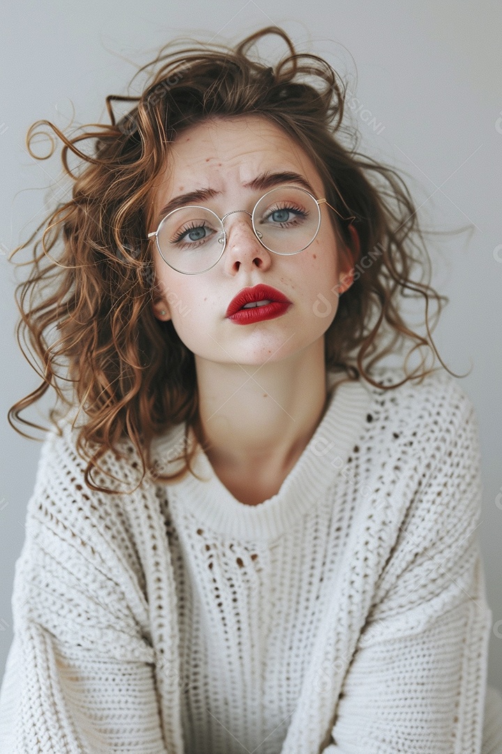 Blogueira maluca, usando óculos, olhando para a câmera, estilo ridículo e irônico