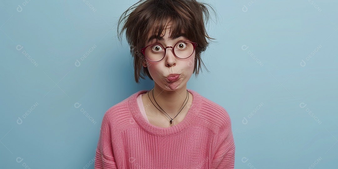 Blogueira maluca, usando óculos, olhando para a câmera, estilo ridículo e irônico