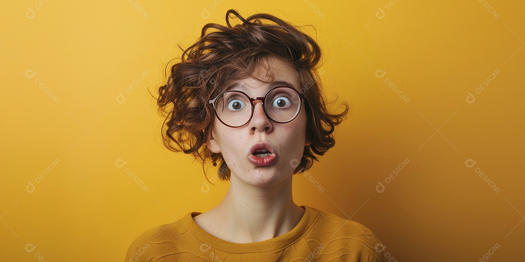 Blogueira maluca, usando óculos, olhando para a câmera, estilo ridículo e irônico