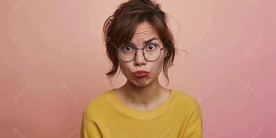 Blogueira maluca, usando óculos, olhando para a câmera, estilo ridículo e irônico