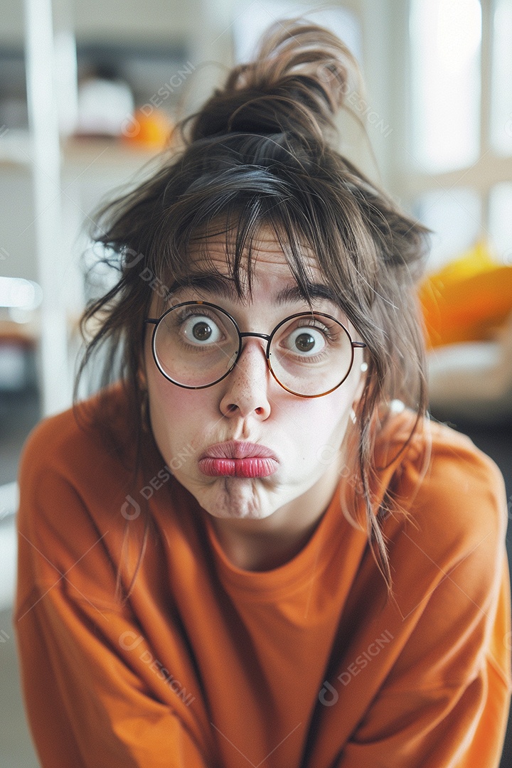 Blogueira maluca, usando óculos, olhando para a câmera, estilo ridículo e irônico