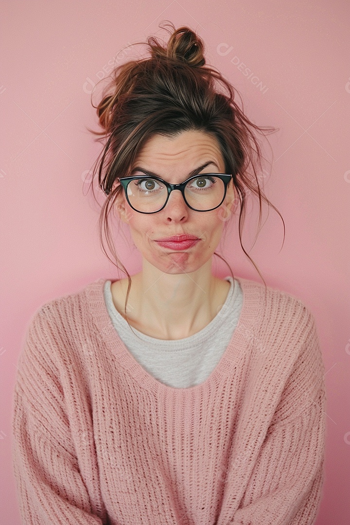 Blogueira maluca, usando óculos, olhando para a câmera, estilo ridículo e irônico