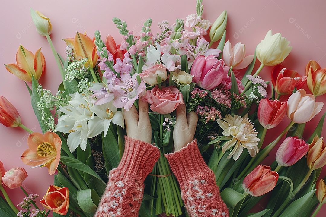 Mãos de floristas fazendo um buquê de primavera, flores, arranjo floral, primavera