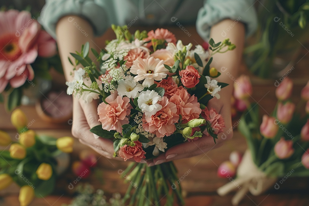 Mãos de floristas fazendo um buquê de primavera, flores, arranjo floral, primavera