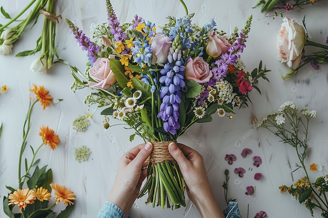 Mãos de floristas fazendo um buquê de primavera, flores, arranjo floral, primavera