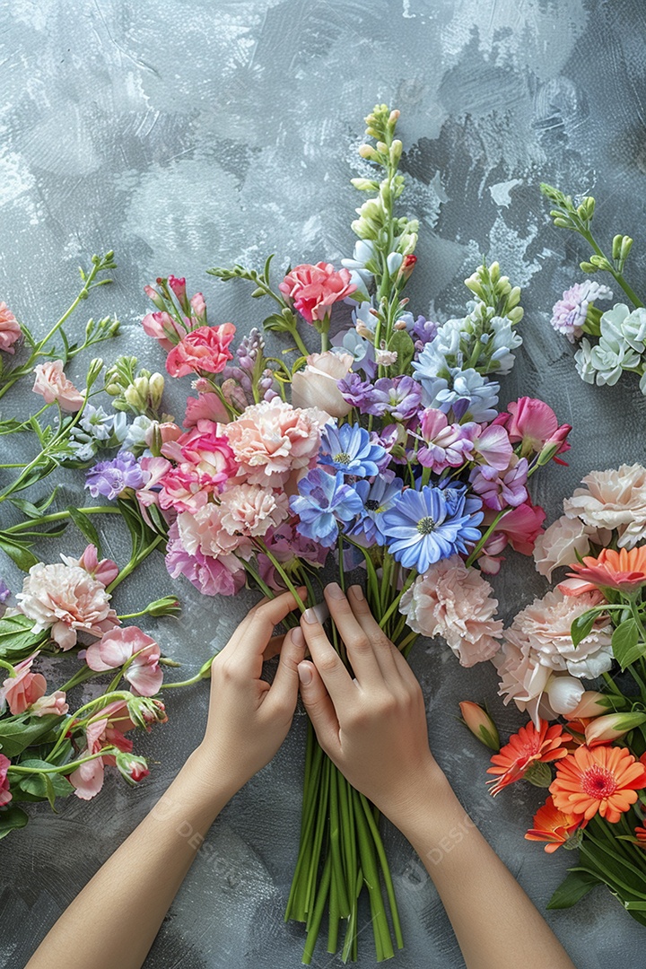 Mãos de floristas fazendo um buquê de primavera, flores, arranjo floral, primavera