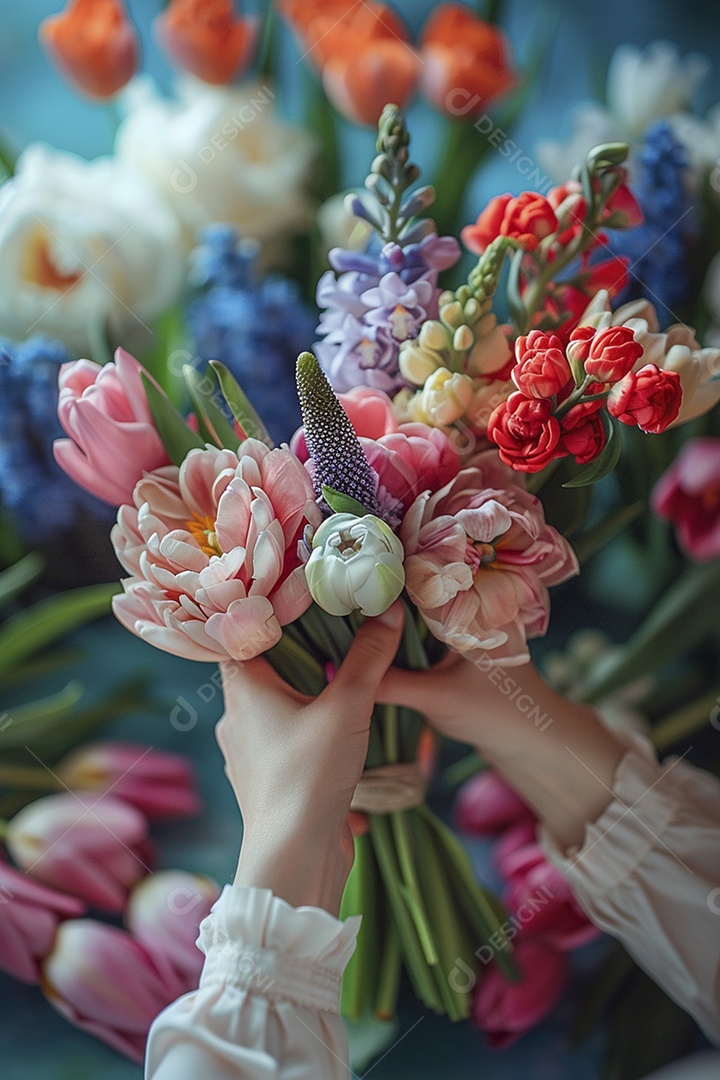 Mãos de floristas fazendo um buquê de primavera, flores, arranjo floral, primavera