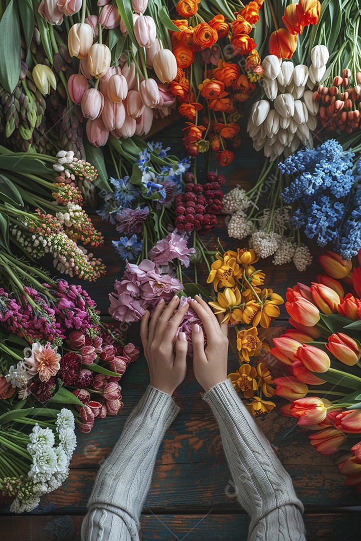 Mãos de floristas fazendo um buquê de primavera, flores, arranjo floral, primavera