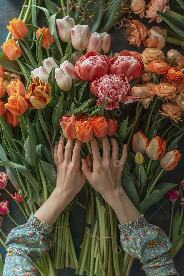 Mãos de floristas fazendo um buquê de primavera, flores, arranjo floral, primavera