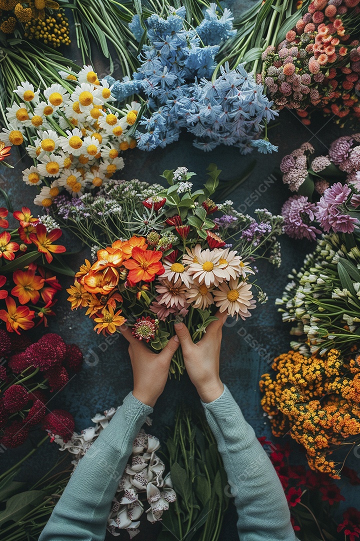 Mãos de floristas fazendo um buquê de primavera, flores, arranjo floral, primavera