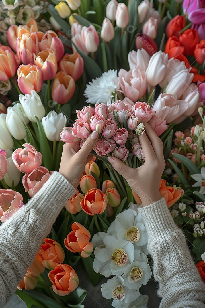 Mãos de floristas fazendo um buquê de primavera, flores, arranjo floral, primavera
