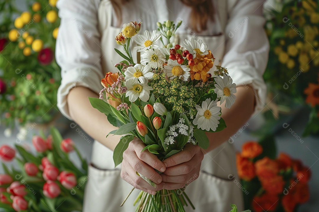 Mãos de floristas fazendo um buquê de primavera, flores, arranjo floral, primavera
