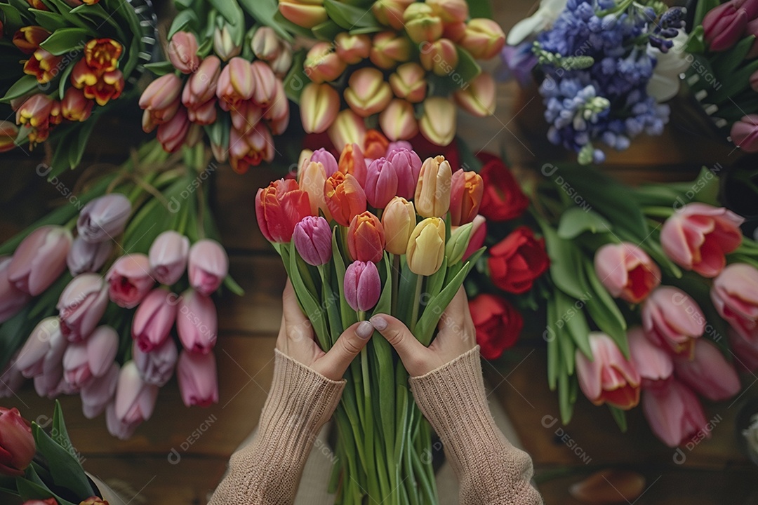 Mãos de floristas fazendo um buquê de primavera, flores, arranjo floral, primavera