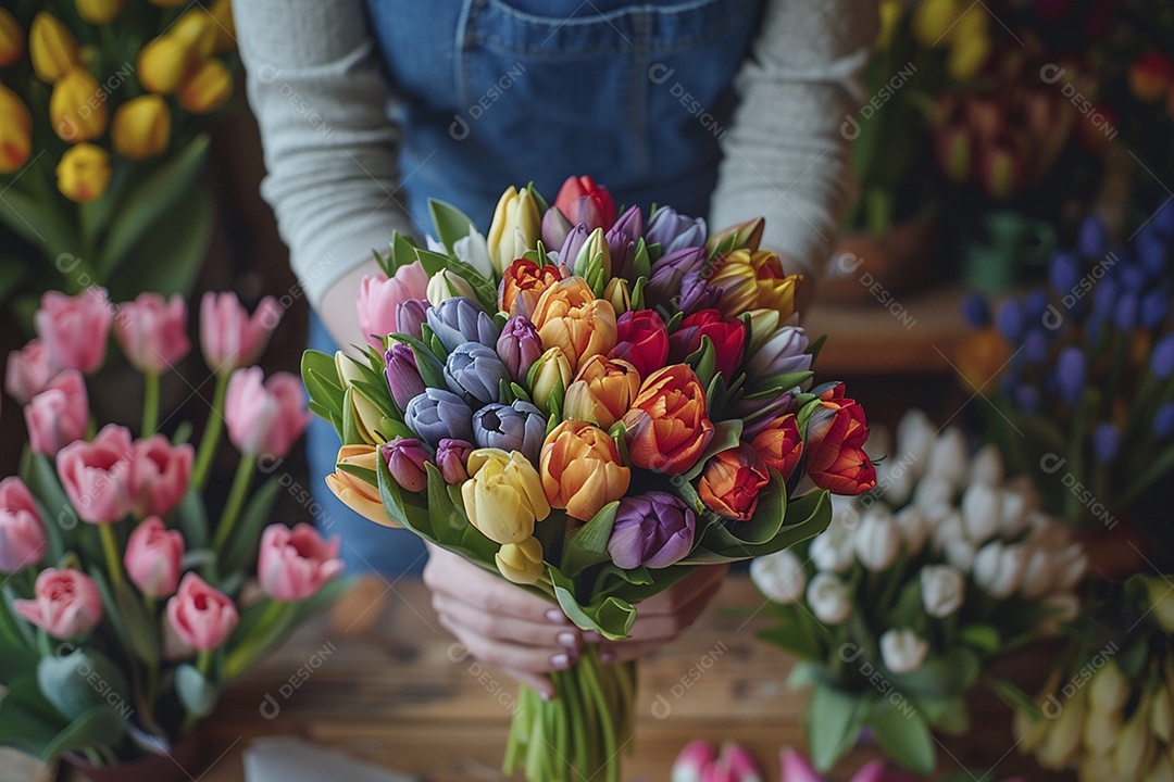Mãos de floristas fazendo um buquê de primavera, flores, arranjo floral, primavera