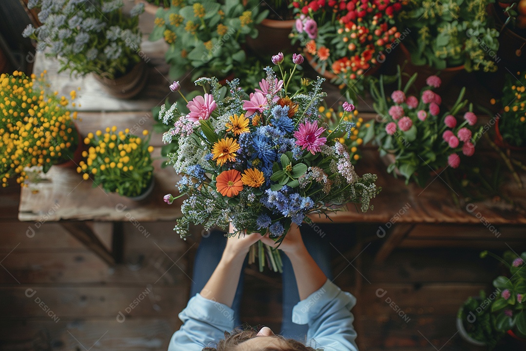 Mãos de floristas fazendo um buquê de primavera, flores, arranjo floral, primavera