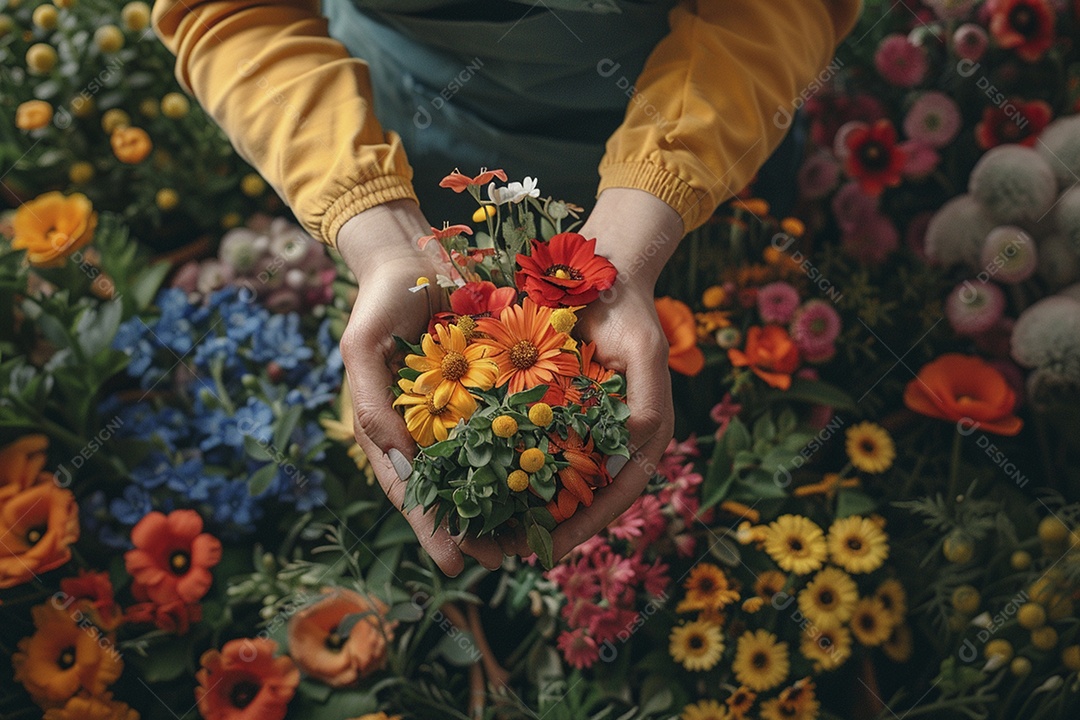 Mãos de floristas fazendo um buquê de primavera, flores, arranjo floral, primavera