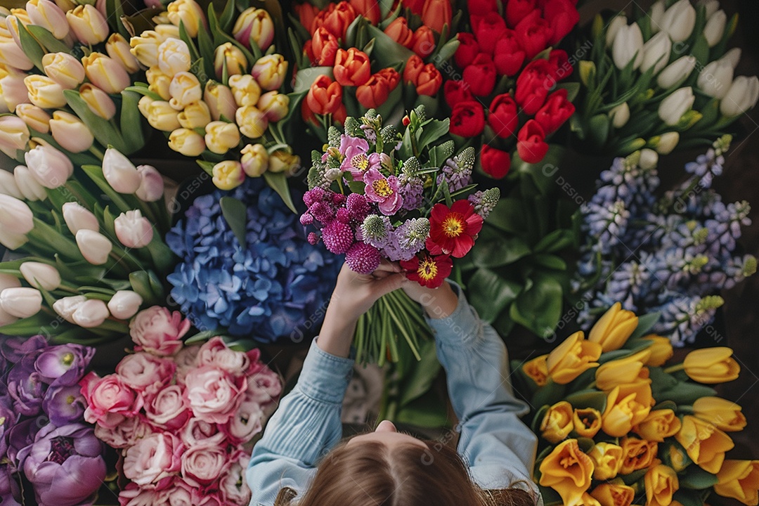 Mãos de floristas fazendo um buquê de primavera, flores, arranjo floral, primavera