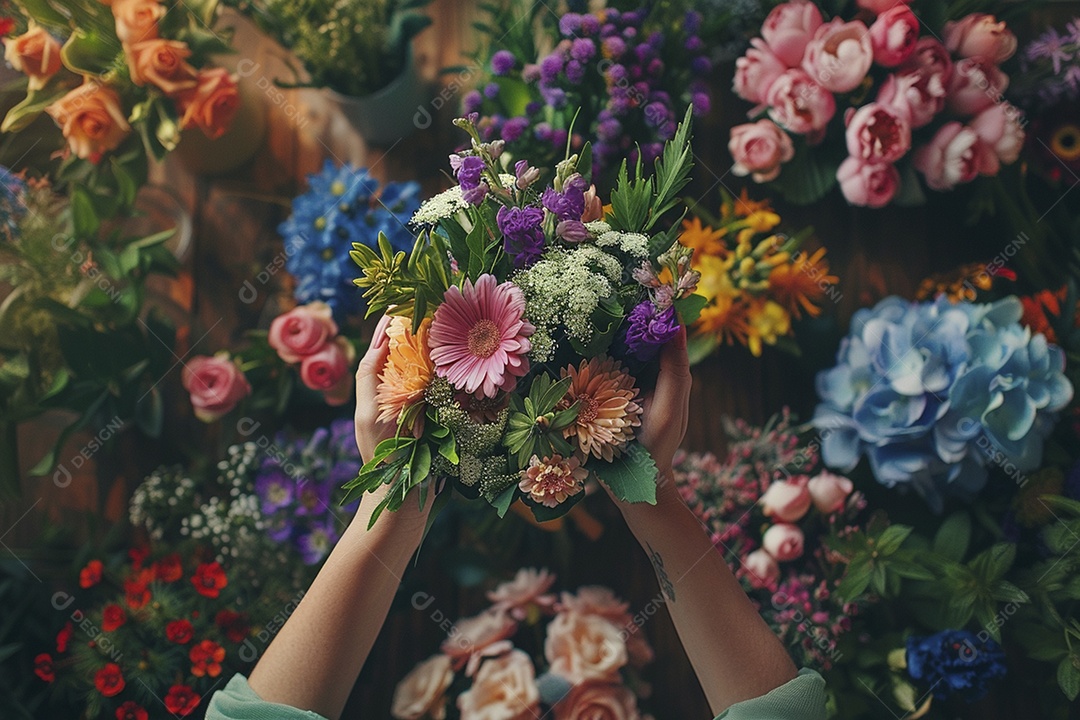 Mãos de floristas fazendo um buquê de primavera, flores, arranjo floral, primavera