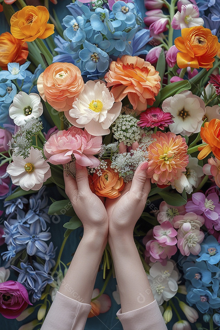 Mãos de floristas fazendo um buquê de primavera, flores, arranjo floral, primavera