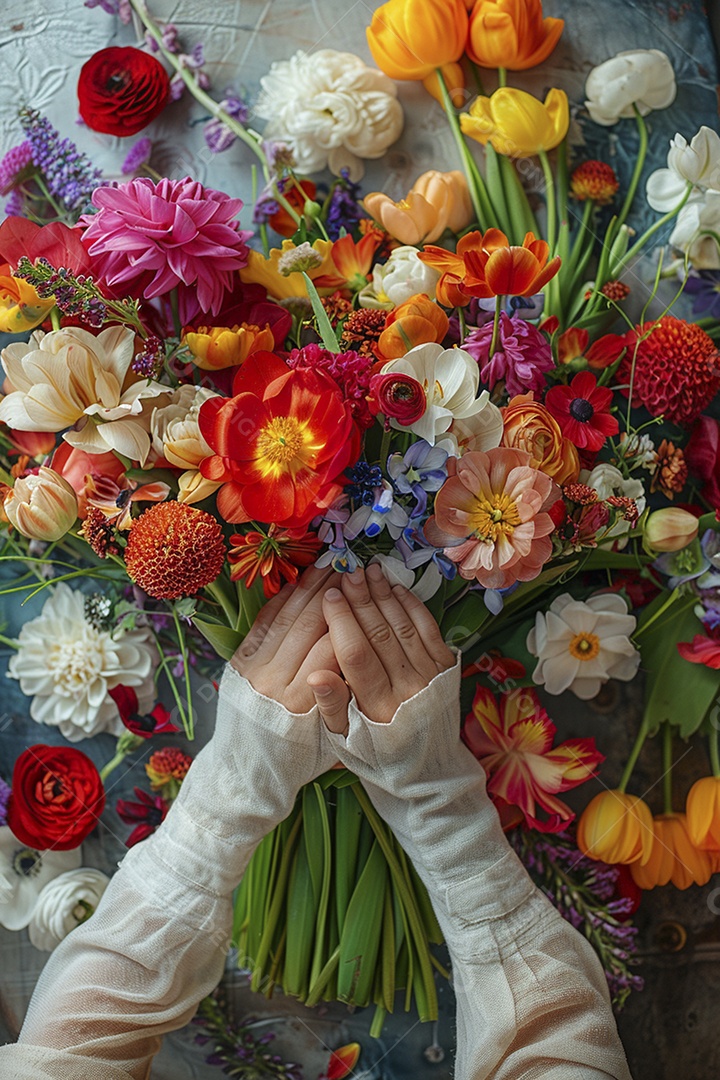 Mãos de floristas fazendo um buquê de primavera, flores, arranjo floral, primavera