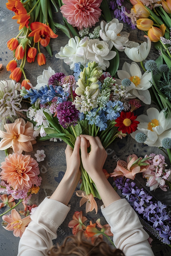 Mãos de floristas fazendo um buquê de primavera, flores, arranjo floral, primavera