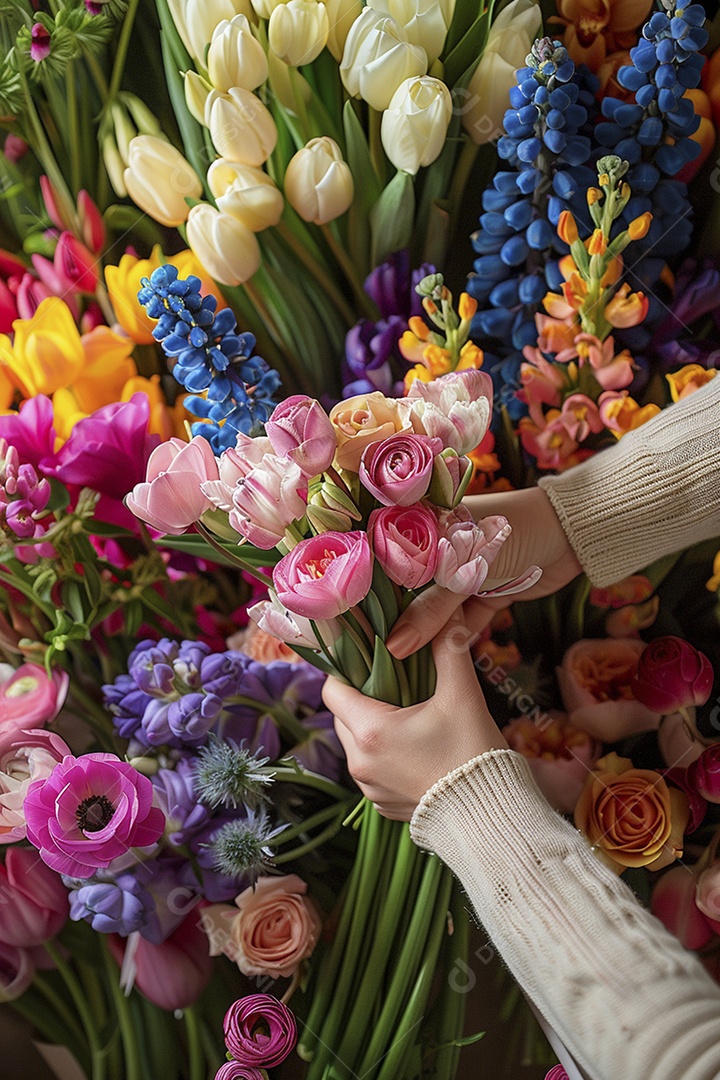 Mãos de floristas fazendo um buquê de primavera, flores, arranjo floral, primavera