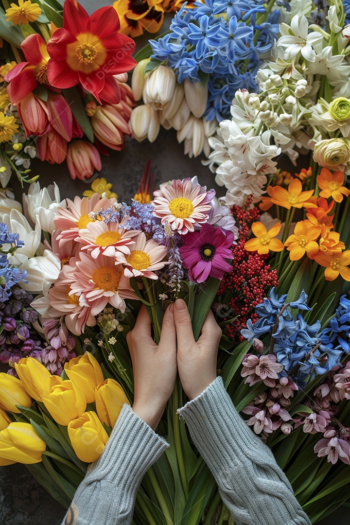 Mãos de floristas fazendo um buquê de primavera, flores, arranjo floral, primavera