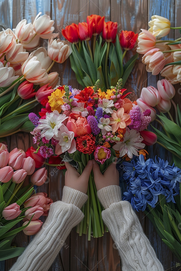 Mãos de floristas fazendo um buquê de primavera, flores, arranjo floral, primavera