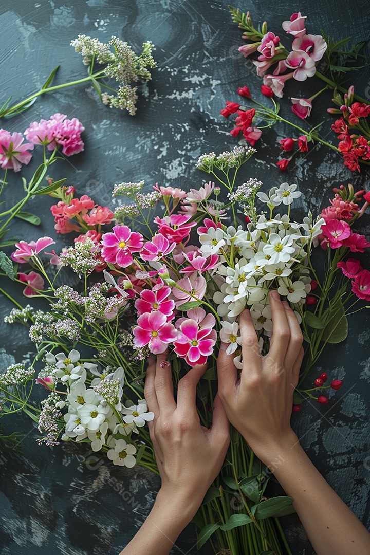 Mãos de floristas fazendo um buquê de primavera, flores, arranjo floral, primavera