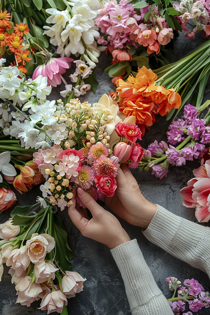 Mãos de floristas fazendo um buquê de primavera, flores, arranjo floral, primavera