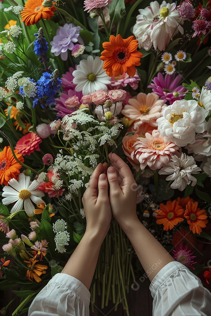 Mãos de floristas fazendo um buquê de primavera, flores, arranjo floral, primavera