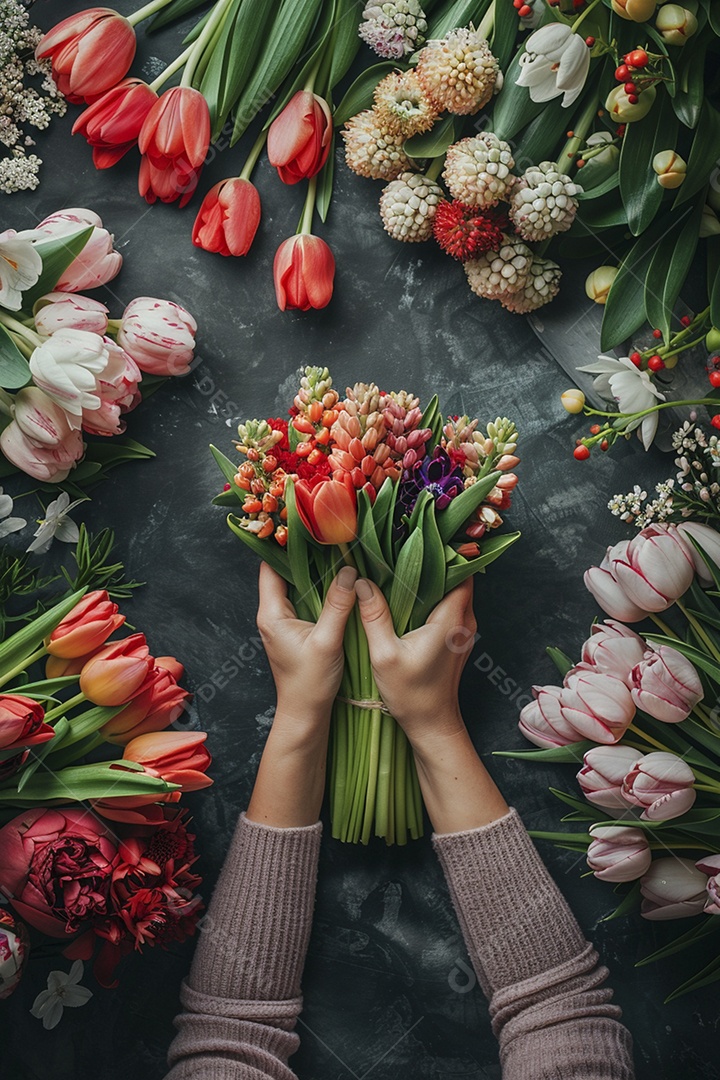Mãos de floristas fazendo um buquê de primavera, flores, arranjo floral, primavera