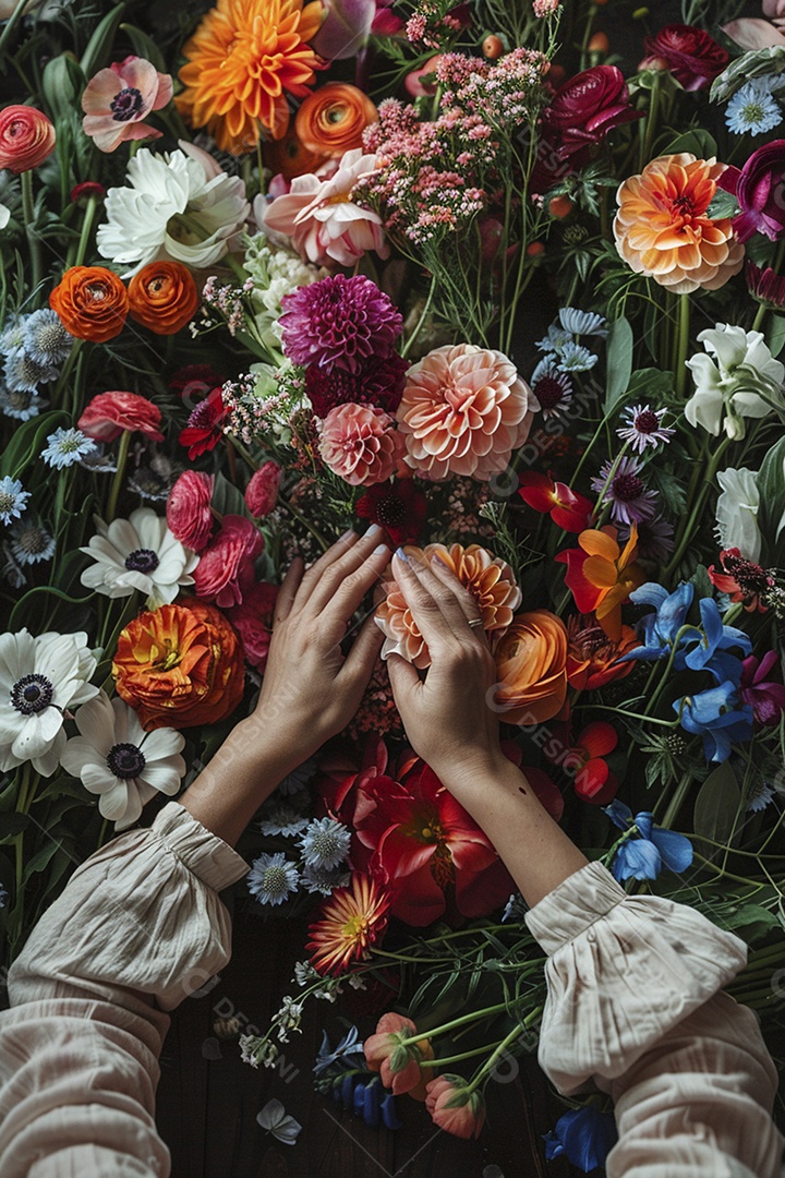 Mãos de floristas fazendo um buquê de primavera, flores, arranjo floral, primavera