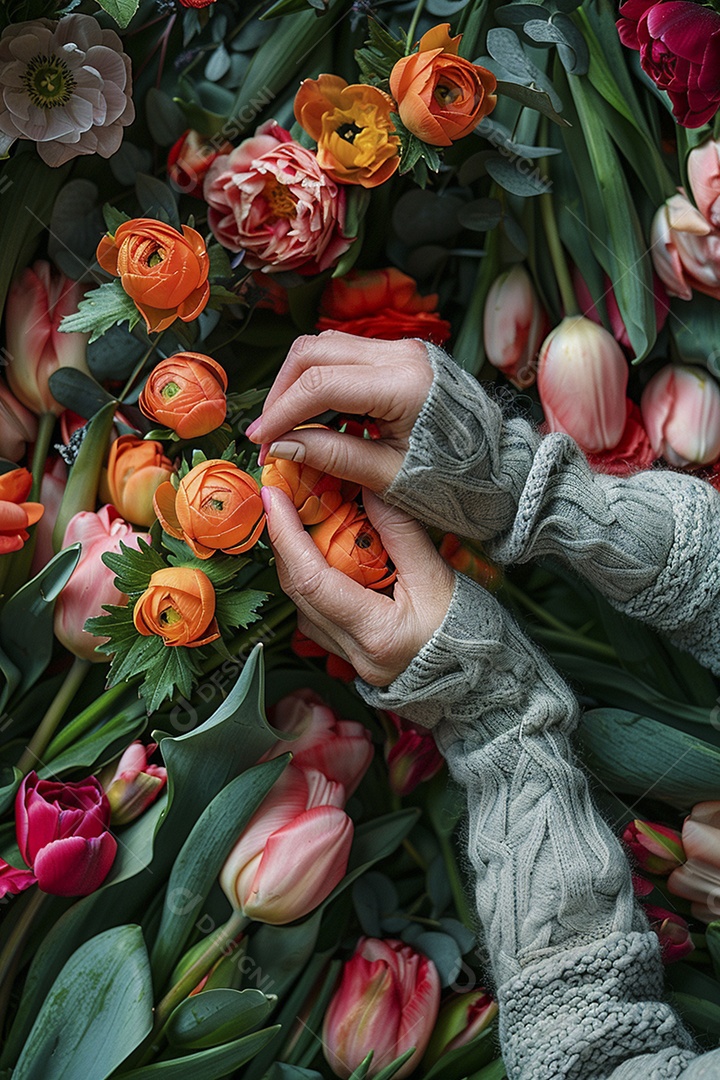 Mãos de floristas fazendo um buquê de primavera, flores, arranjo floral, primavera