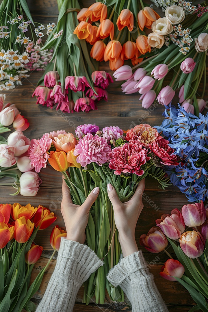 Mãos de floristas fazendo um buquê de primavera, flores, arranjo floral, primavera