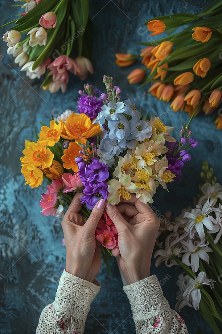 Mãos de floristas fazendo um buquê de primavera, flores, arranjo floral, primavera