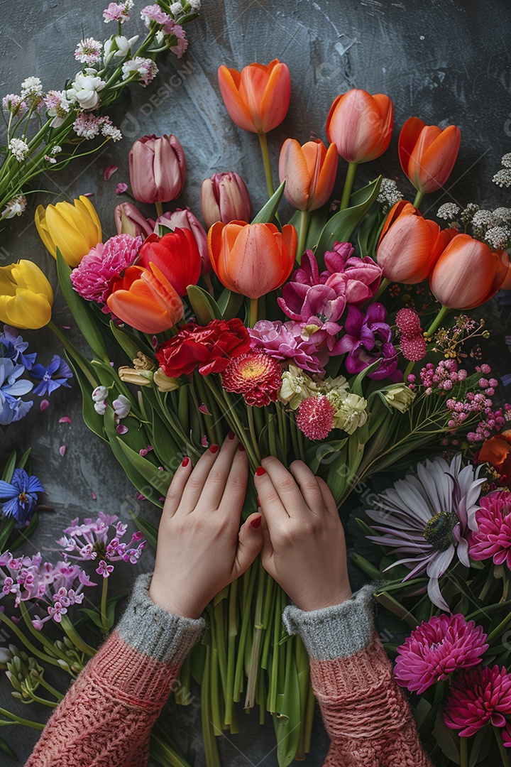 Mãos de floristas fazendo um buquê de primavera, flores, arranjo floral, primavera