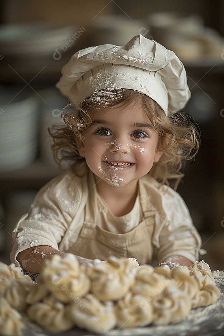 Criança feliz usando um chapéu de chef amassando massa