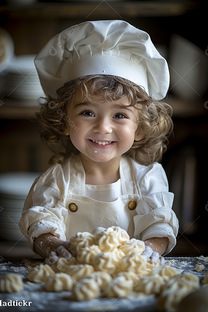 Criança feliz usando um chapéu de chef amassando massa