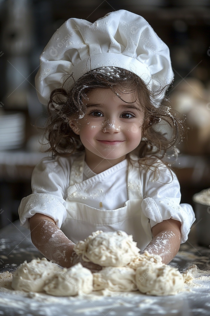 Criança feliz usando um chapéu de chef amassando massa