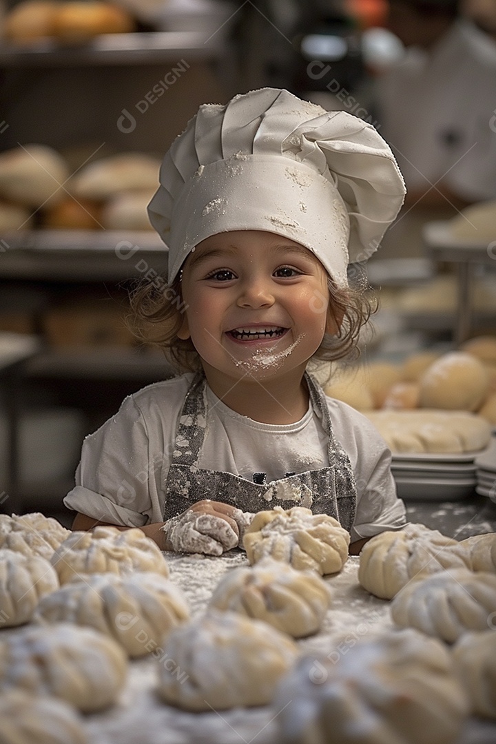 Criança feliz usando um chapéu de chef amassando massa