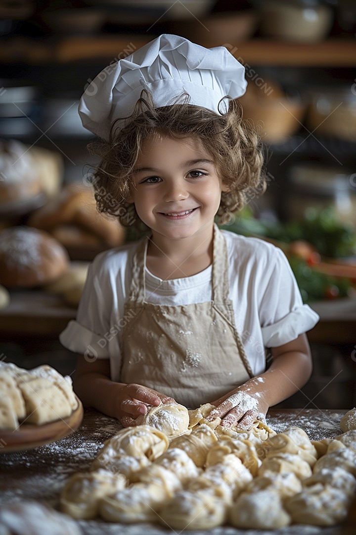 Criança feliz usando um chapéu de chef amassando massa