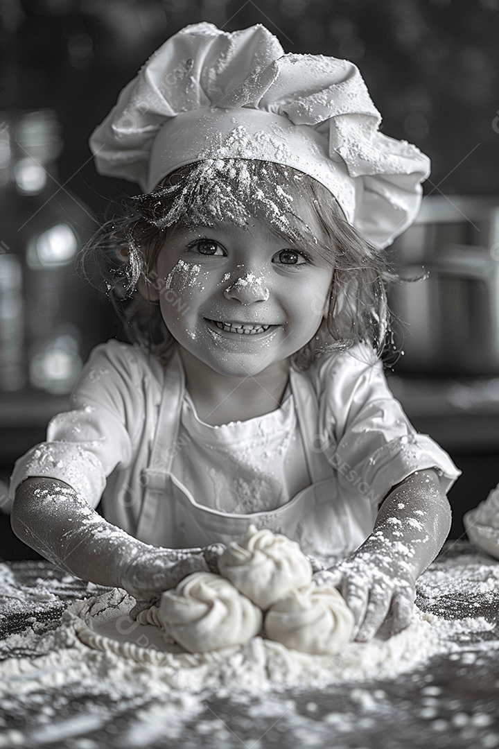 Criança feliz usando um chapéu de chef amassando massa